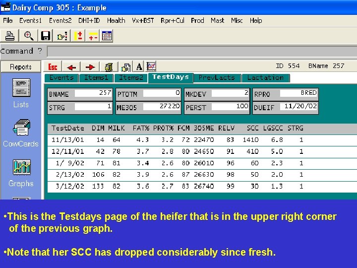 • This is the Testdays page of the heifer that is in the • This is the Testdays page of the heifer that is in the