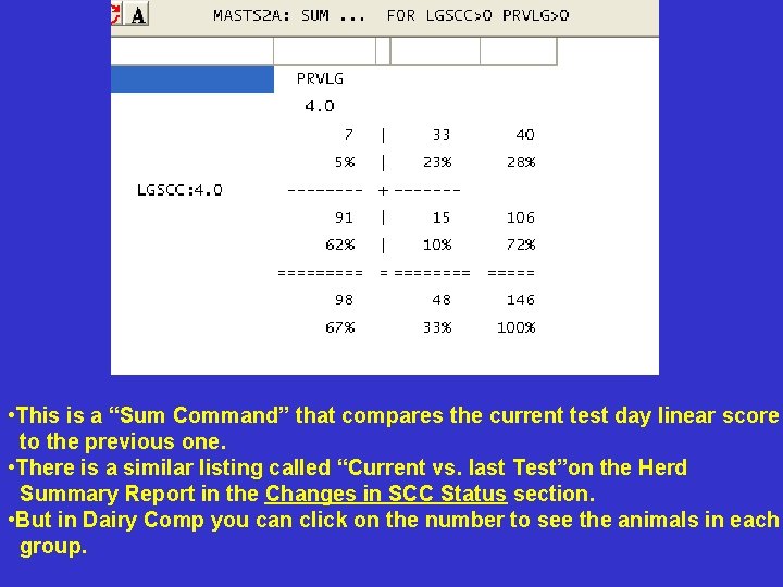 • This is a “Sum Command” that compares the current test day linear • This is a “Sum Command” that compares the current test day linear
