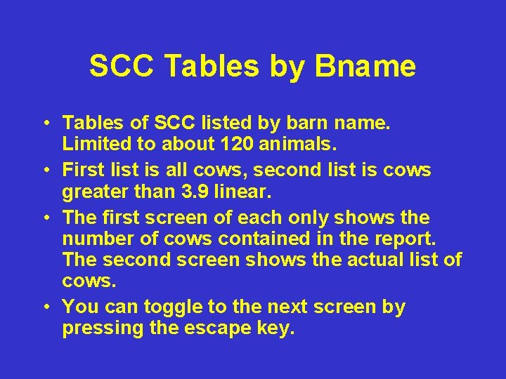SCC Tables by Bname • Tables of SCC listed by barn name. Limited to SCC Tables by Bname • Tables of SCC listed by barn name. Limited to