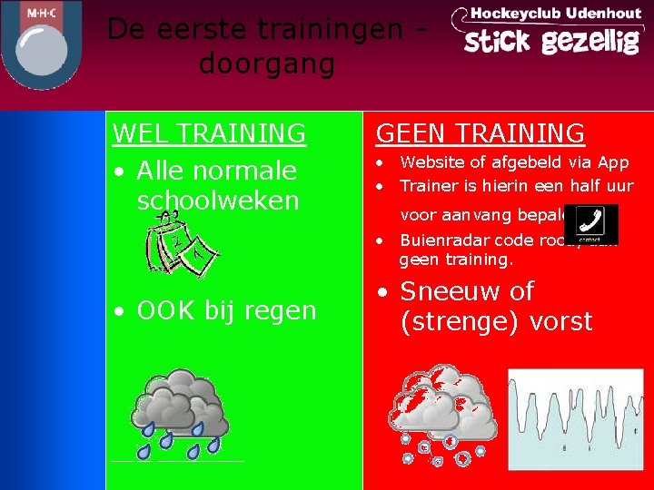 De eerste trainingen doorgang WEL TRAINING • Alle normale schoolweken GEEN TRAINING • Website