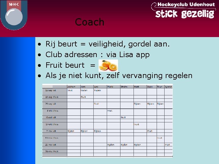 Coach • • Rij beurt = veiligheid, gordel aan. Club adressen : via Lisa