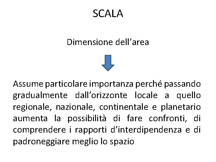 SCALA Dimensione dell’area Assume particolare importanza perché passando gradualmente dall’orizzonte locale a quello regionale,