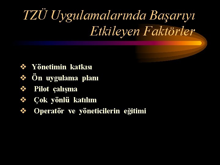 TZÜ Uygulamalarında Başarıyı Etkileyen Faktörler v v v Yönetimin katkısı Ön uygulama planı Pilot