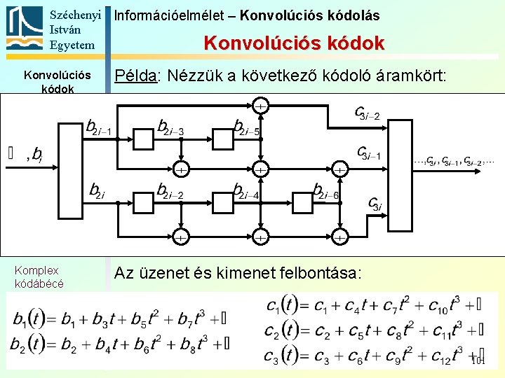 Széchenyi Információelmélet – Konvolúciós kódolás István Egyetem Konvolúciós kódok Példa: Nézzük a következő kódoló