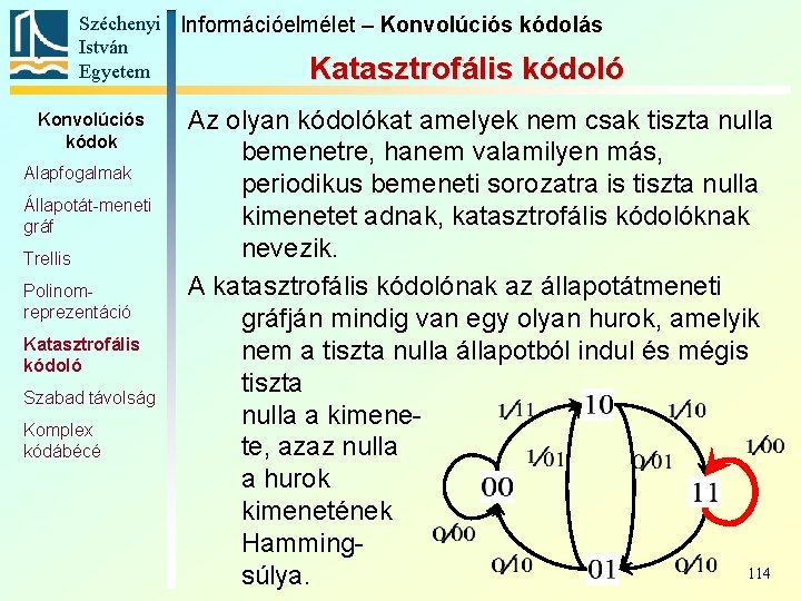 Széchenyi Információelmélet – Konvolúciós kódolás István Egyetem Katasztrofális kódoló Konvolúciós kódok Alapfogalmak Állapotát-meneti gráf