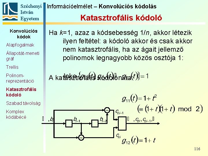 Széchenyi Információelmélet – Konvolúciós kódolás István Egyetem Katasztrofális kódoló Konvolúciós kódok Alapfogalmak Állapotát-meneti gráf