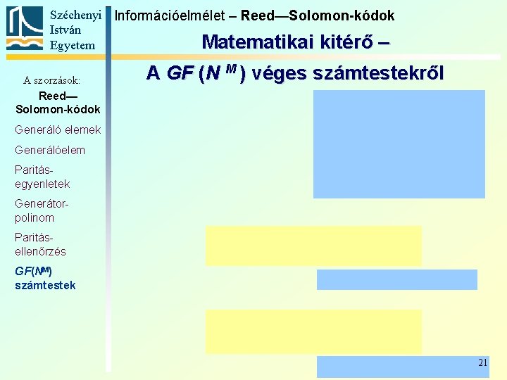 Széchenyi Információelmélet – Reed—Solomon-kódok István Matematikai kitérő – Egyetem A szorzások: Reed— Solomon-kódok A Széchenyi Információelmélet – Reed—Solomon-kódok István Matematikai kitérő – Egyetem A szorzások: Reed— Solomon-kódok A