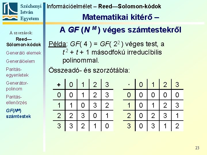 Széchenyi Információelmélet – Reed—Solomon-kódok István Matematikai kitérő – Egyetem A szorzások: Reed— Sólomon-kódok Generáló