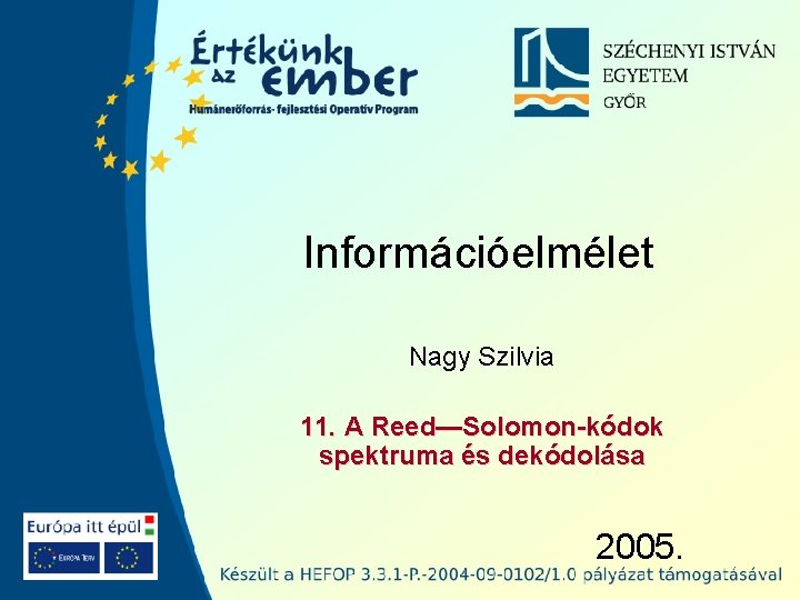 Információelmélet Nagy Szilvia 11. A Reed—Solomon-kódok spektruma és dekódolása 2005. 