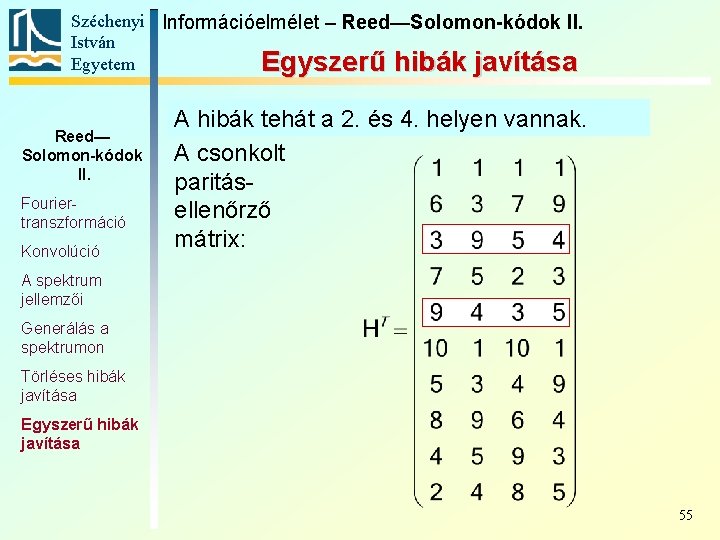 Széchenyi Információelmélet – Reed—Solomon-kódok II. István Egyetem Egyszerű hibák javítása Reed— Solomon-kódok II. Fouriertranszformáció Széchenyi Információelmélet – Reed—Solomon-kódok II. István Egyetem Egyszerű hibák javítása Reed— Solomon-kódok II. Fouriertranszformáció