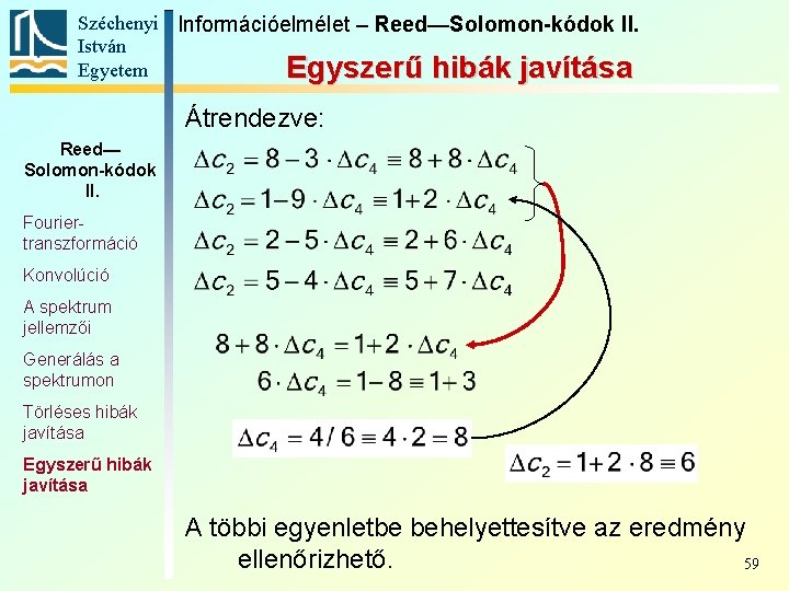 Széchenyi Információelmélet – Reed—Solomon-kódok II. István Egyetem Egyszerű hibák javítása Átrendezve: Reed— Solomon-kódok II.