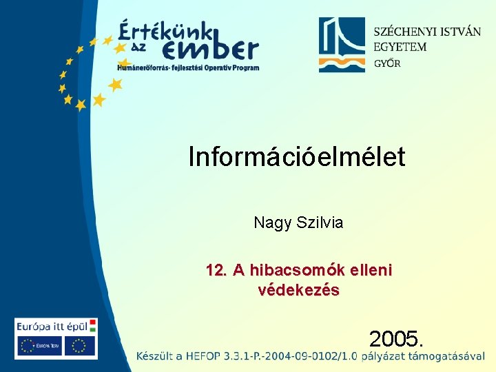 Információelmélet Nagy Szilvia 12. A hibacsomók elleni védekezés 2005. 