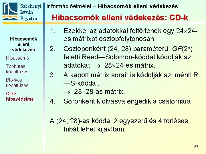 Széchenyi Információelmélet – Hibacsomók elleni védekezés István Egyetem Hibacsomók elleni védekezés: CD-k 1. Hibacsomók