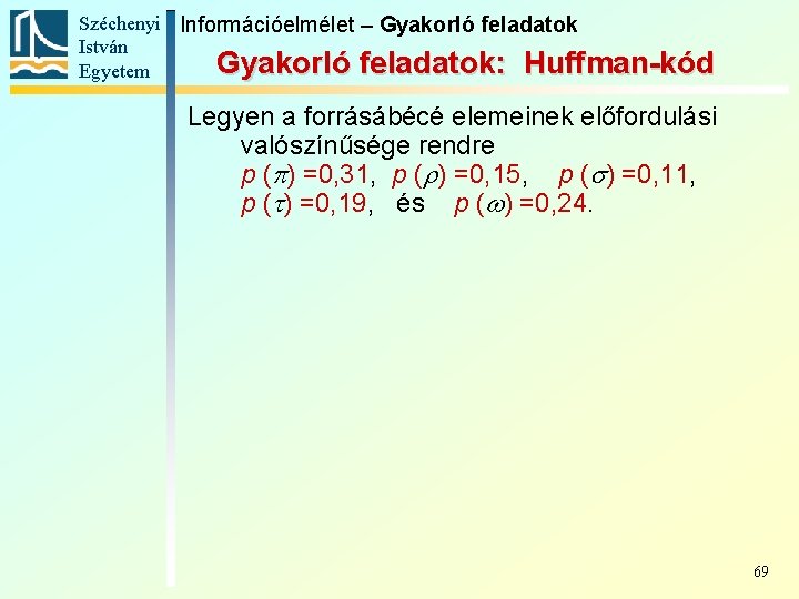 Széchenyi Információelmélet – Gyakorló feladatok István Gyakorló feladatok: Huffman-kód Egyetem Legyen a forrásábécé elemeinek