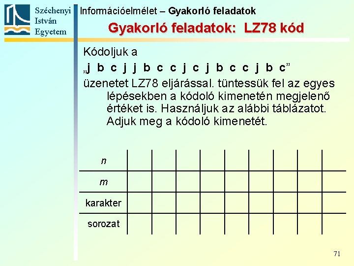 Széchenyi Információelmélet – Gyakorló feladatok István Gyakorló feladatok: LZ 78 Egyetem kód Kódoljuk a