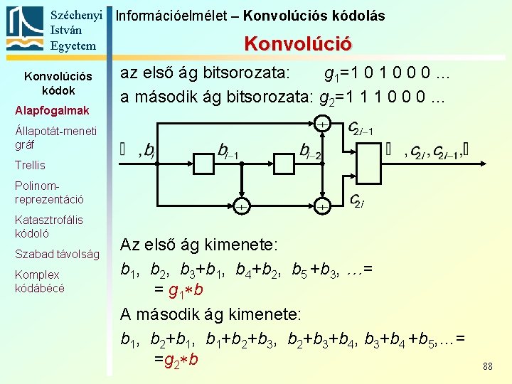 Széchenyi Információelmélet – Konvolúciós kódolás István Egyetem Konvolúciós kódok Alapfogalmak az első ág bitsorozata: