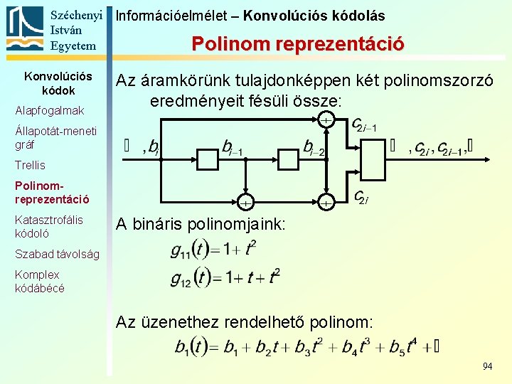 Széchenyi Információelmélet – Konvolúciós kódolás István Egyetem Polinom reprezentáció Konvolúciós kódok Alapfogalmak Az áramkörünk