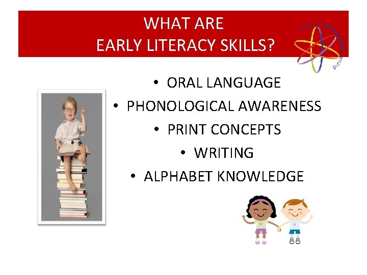 WHAT ARE EARLY LITERACY SKILLS? • ORAL LANGUAGE • PHONOLOGICAL AWARENESS • PRINT CONCEPTS