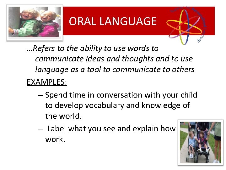 ORAL LANGUAGE …Refers to the ability to use words to communicate ideas and thoughts