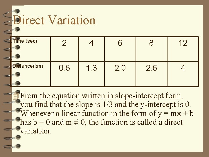Direct Variation Time (sec) Distance(km) 2 4 6 8 12 0. 6 1. 3