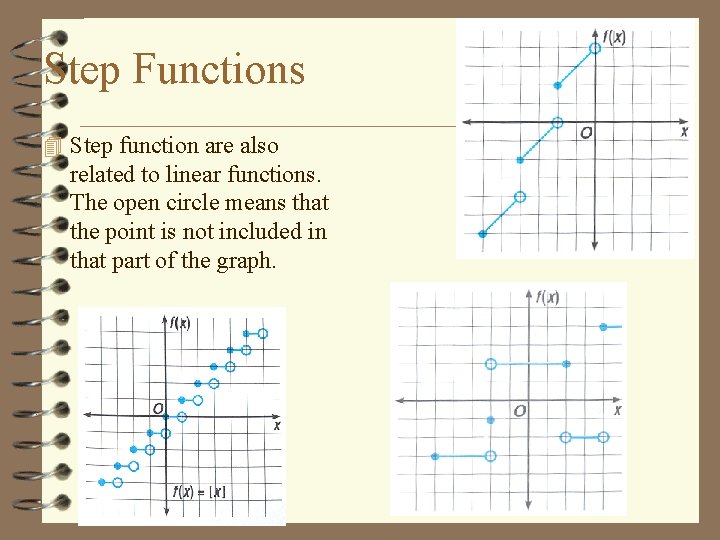 Step Functions 4 Step function are also related to linear functions. The open circle