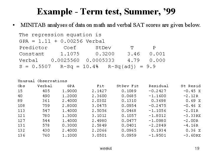 Example - Term test, Summer, ’ 99 • MINITAB analyses of data on math
