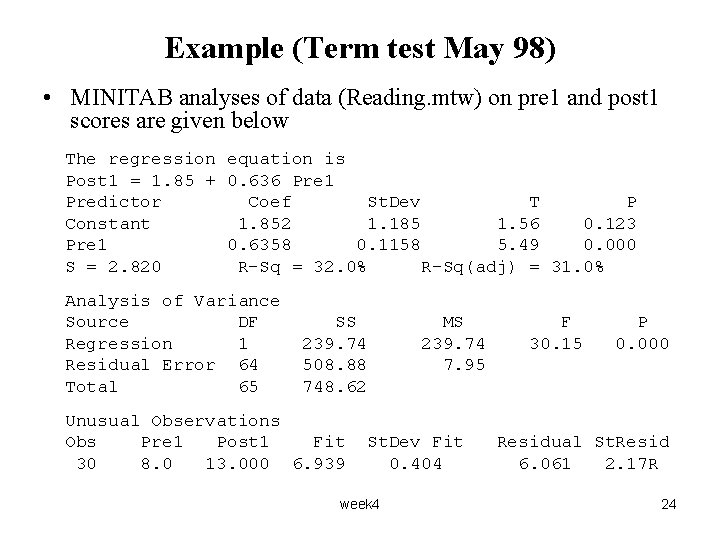 Example (Term test May 98) • MINITAB analyses of data (Reading. mtw) on pre