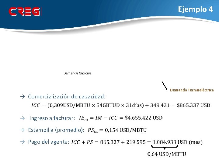 Ejemplo 4 Demanda Nacional Demanda Termoeléctrica → Comercialización de capacidad: → Ingreso a facturar: