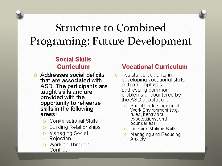 Structure to Combined Programing: Future Development Social Skills Curriculum O Addresses social deficits that