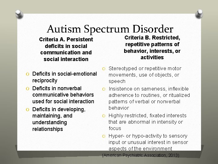 Autism Spectrum Disorder Criteria A. Persistent deficits in social communication and social interaction O