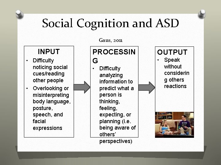 Social Cognition and ASD Gaus, 2011 INPUT Difficulty noticing social cues/reading other people •