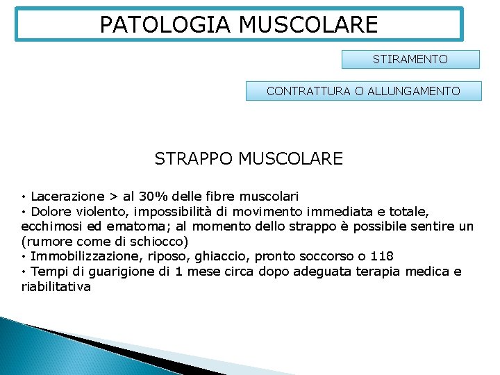 PATOLOGIA MUSCOLARE STIRAMENTO CONTRATTURA O ALLUNGAMENTO STRAPPO MUSCOLARE • Lacerazione > al 30% delle