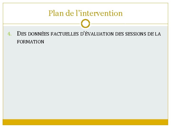 Plan de l’intervention 4. DES DONNÉES FACTUELLES D’ÉVALUATION DES SESSIONS DE LA FORMATION 