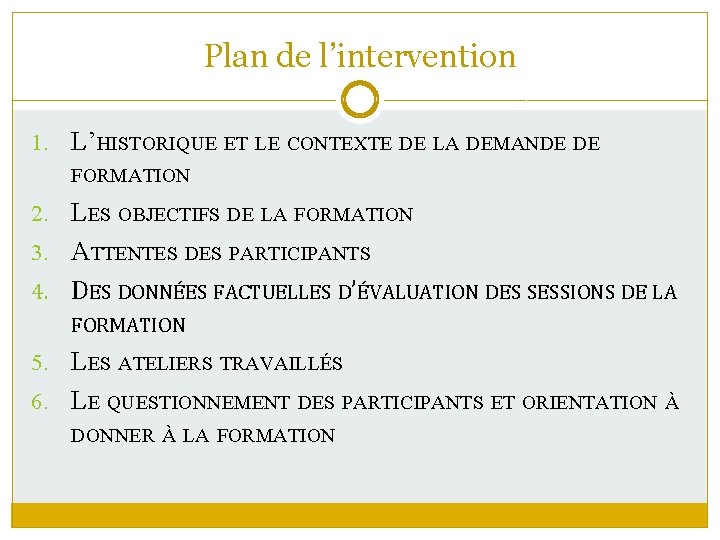 Plan de l’intervention 1. L’HISTORIQUE ET LE CONTEXTE DE LA DEMANDE DE FORMATION 2.