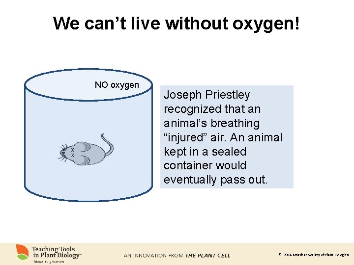 We can’t live without oxygen! NO oxygen X X Joseph Priestley recognized that an