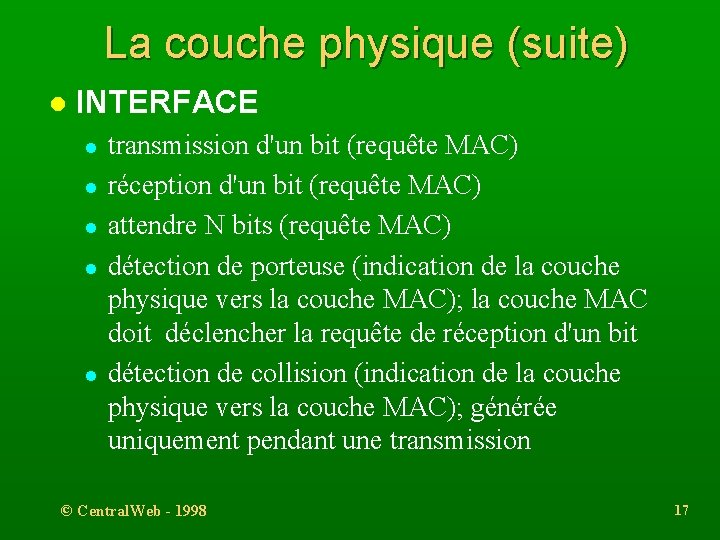 La couche physique (suite) l INTERFACE l l l transmission d'un bit (requête MAC)