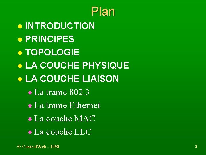 Plan INTRODUCTION l PRINCIPES l TOPOLOGIE l LA COUCHE PHYSIQUE l LA COUCHE LIAISON