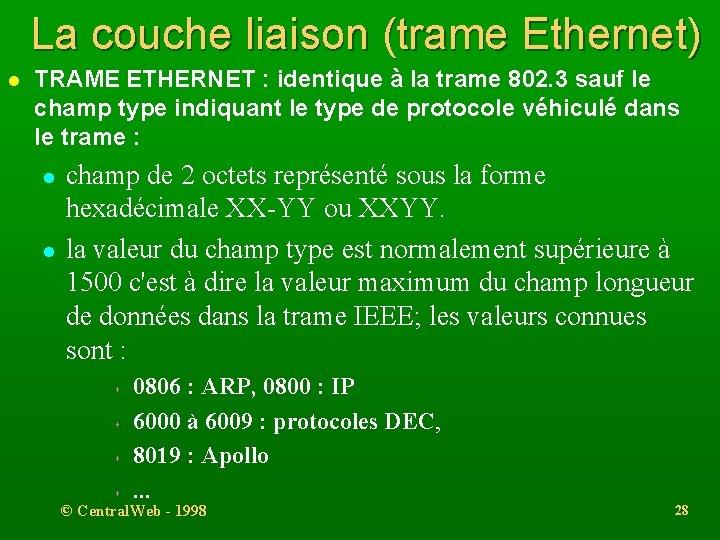 La couche liaison (trame Ethernet) l TRAME ETHERNET : identique à la trame 802.