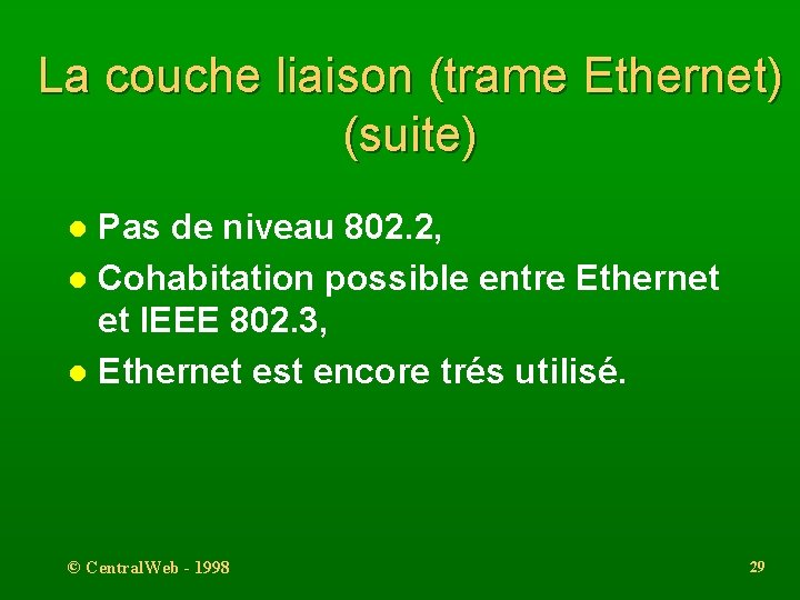 La couche liaison (trame Ethernet) (suite) Pas de niveau 802. 2, l Cohabitation possible