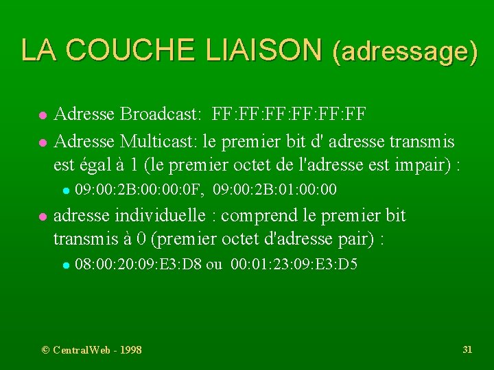 LA COUCHE LIAISON (adressage) l l Adresse Broadcast: FF: FF: FF Adresse Multicast: le