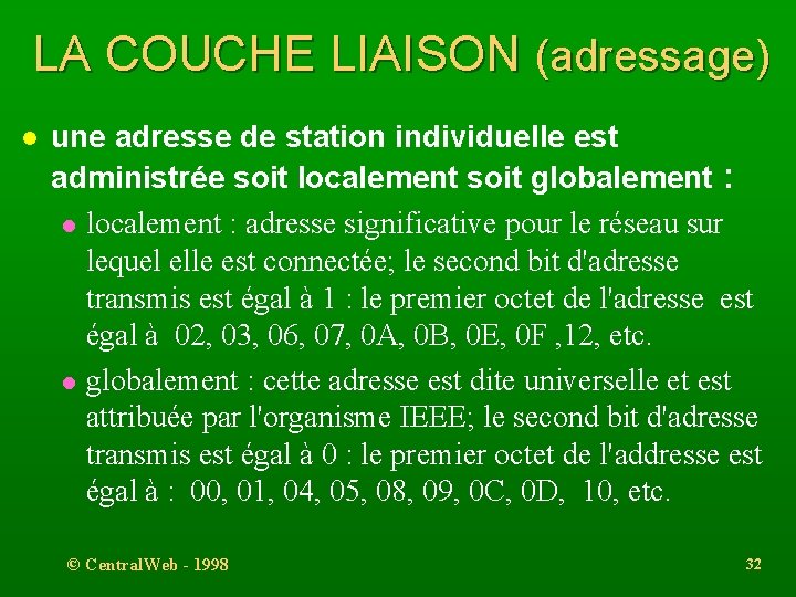 LA COUCHE LIAISON (adressage) l une adresse de station individuelle est administrée soit localement