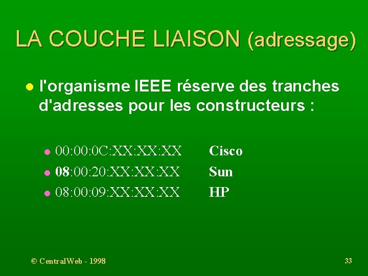 LA COUCHE LIAISON (adressage) l l'organisme IEEE réserve des tranches d'adresses pour les constructeurs