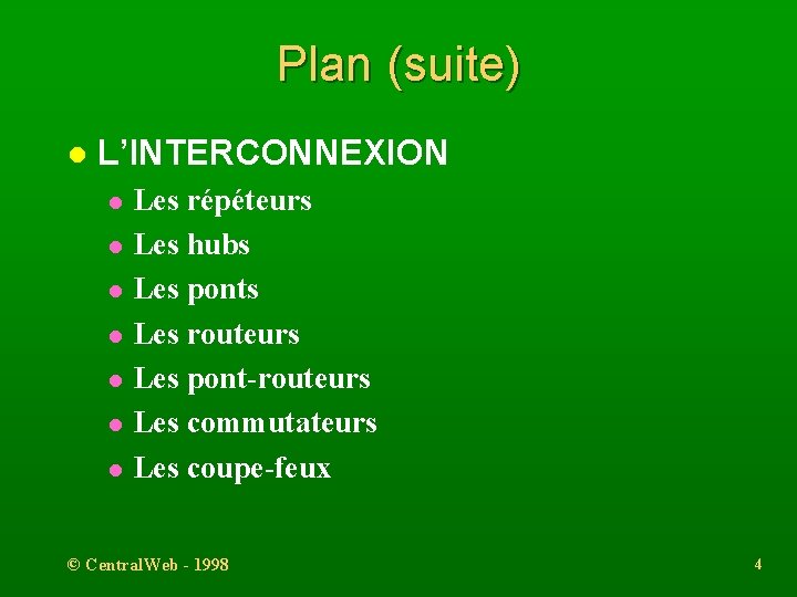 Plan (suite) l L’INTERCONNEXION l l l l Les répéteurs Les hubs Les ponts