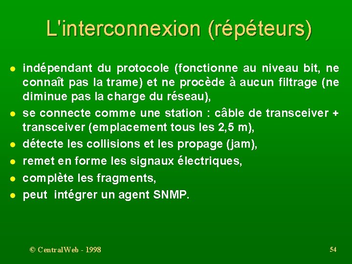 L'interconnexion (répéteurs) l l l indépendant du protocole (fonctionne au niveau bit, ne connaît