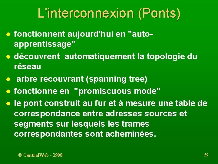 L'interconnexion (Ponts) l l l fonctionnent aujourd'hui en "autoapprentissage" découvrent automatiquement la topologie du