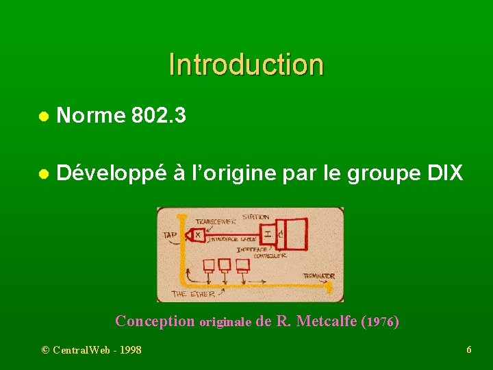 Introduction l Norme 802. 3 l Développé à l’origine par le groupe DIX Conception