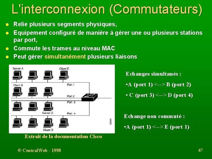 L'interconnexion (Commutateurs) l l Relie plusieurs segments physiques, Equipement configuré de manière à gérer
