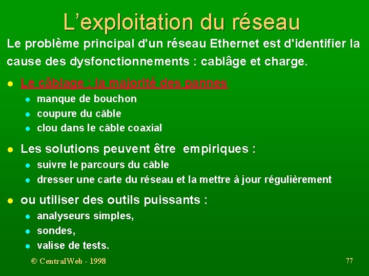 L’exploitation du réseau Le problème principal d'un réseau Ethernet est d'identifier la cause des