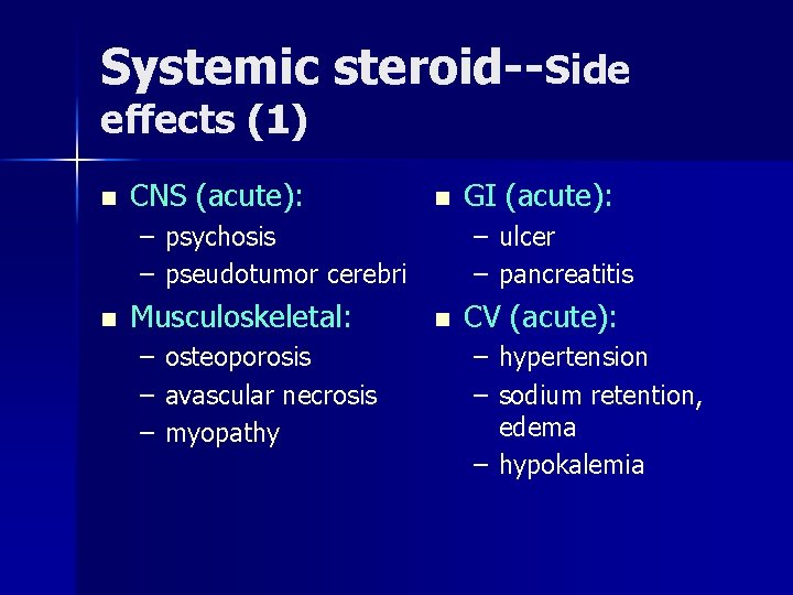 Systemic steroid--Side effects (1) n CNS (acute): n – psychosis – pseudotumor cerebri n Systemic steroid--Side effects (1) n CNS (acute): n – psychosis – pseudotumor cerebri n