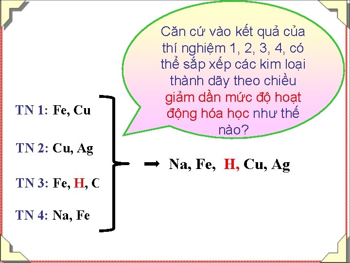 TN 1: Fe, Cu TN 2: Cu, Ag TN 3: Fe, H, Cu TN TN 1: Fe, Cu TN 2: Cu, Ag TN 3: Fe, H, Cu TN